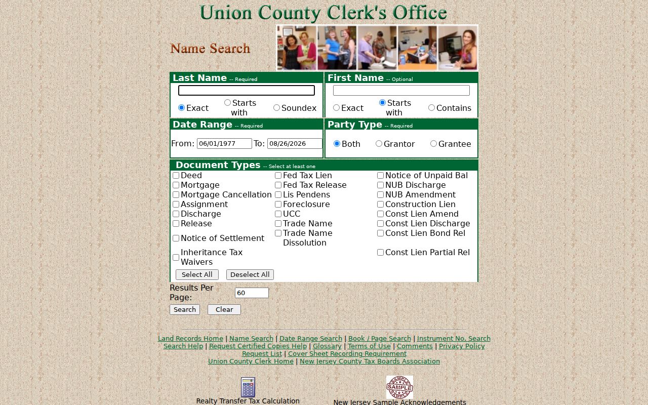 Union County Official Land Records grantor and grantee name search fields