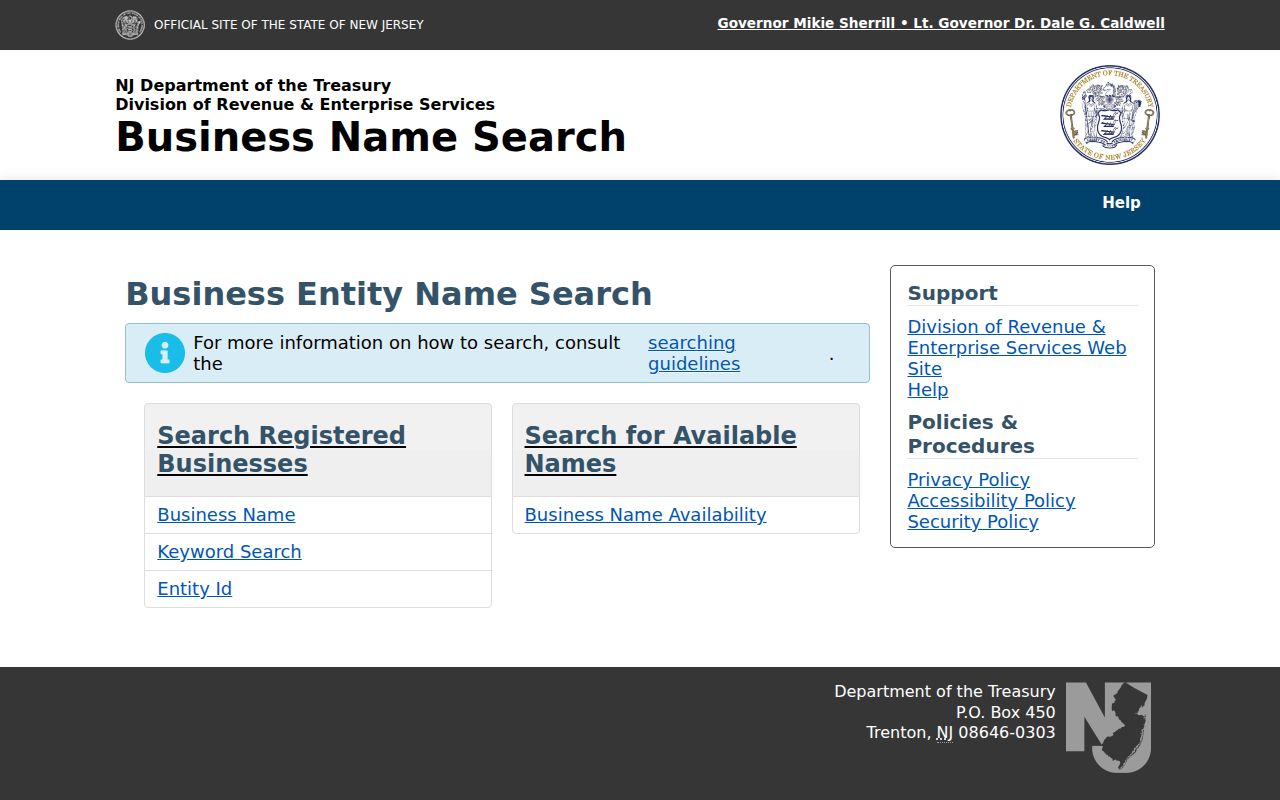 New Jersey business-name search interface