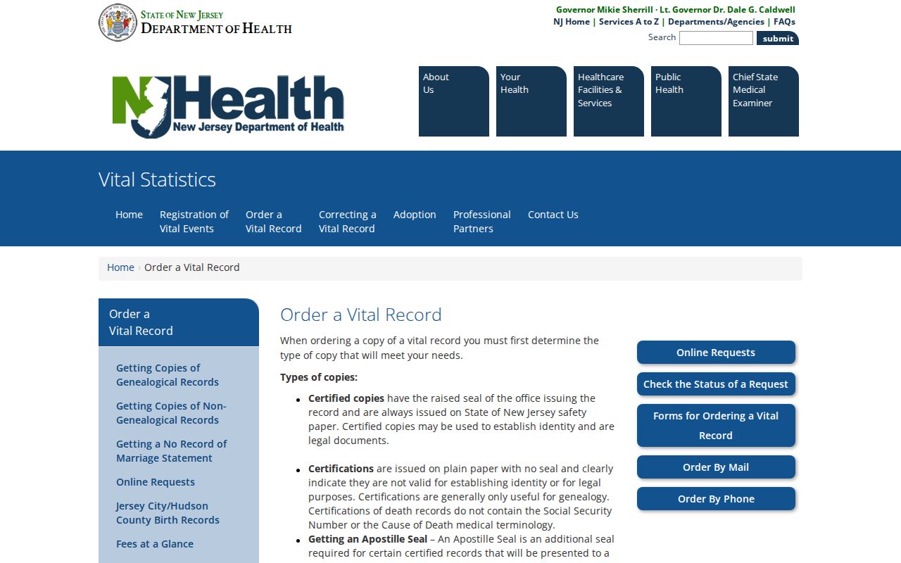 New Jersey vital-record order options for certified and genealogical records