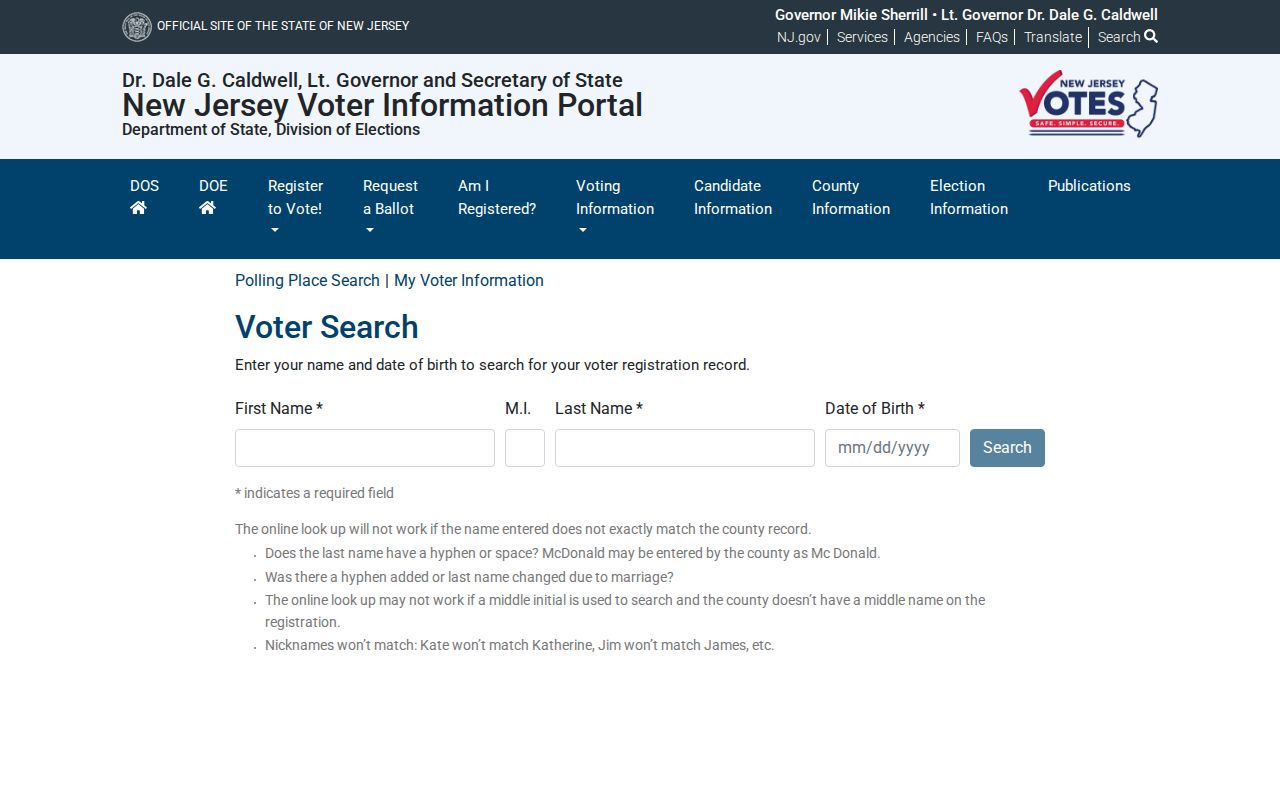 New Jersey voter registration verification interface