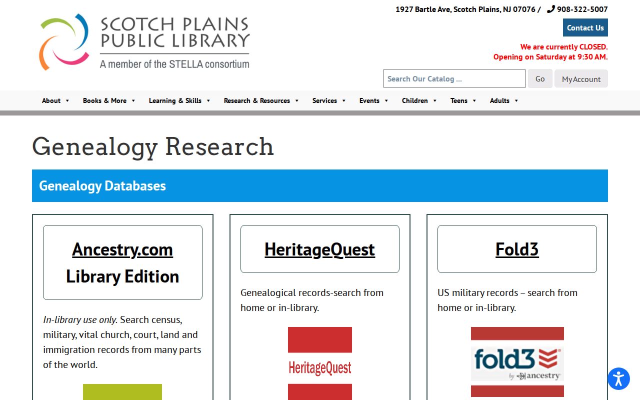 Scotch Plains Public Library genealogy and directory research resources
