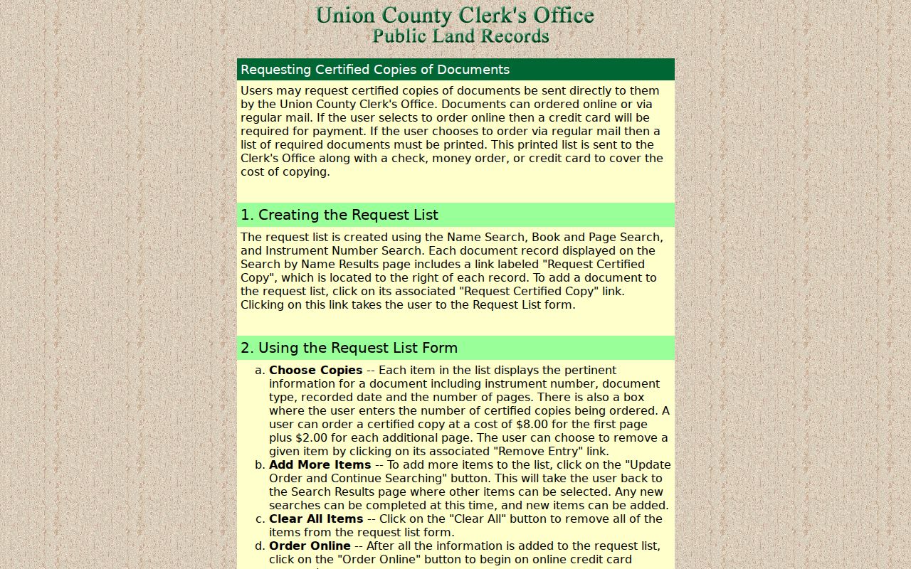 Union County Clerk certified-copy request options for a deed record