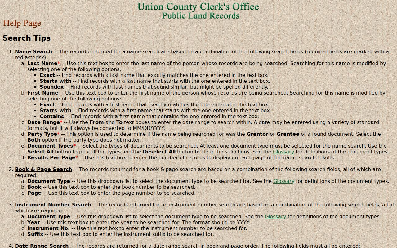 Union County deed-index search help for name, date, book and page searches